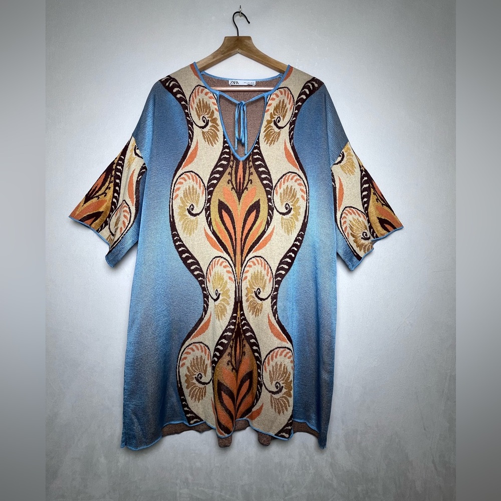 Zara Women’s Jacquard Knit Boho Hippie Tunic Sweater Dress Tribal Print Sz L - Picture 2 of 6